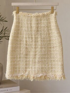 CHANEL Cream Tweed Fringe Pencil Skirt